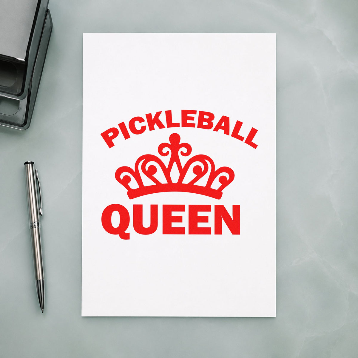 Pickleball Queen Crown Graphic rubber stamp shown in red ink, stamped for projects such as bin ball labels.