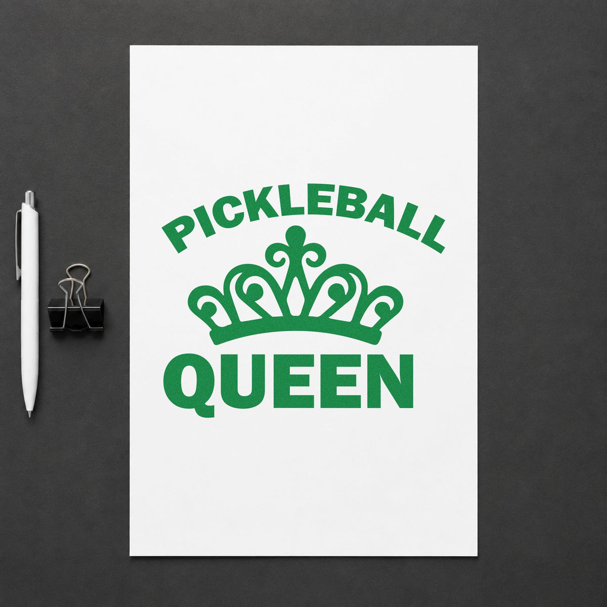 Pickleball Queen Crown Graphic craft stamp imprint in green ink on a handmade project, one idea being ladder move cards.