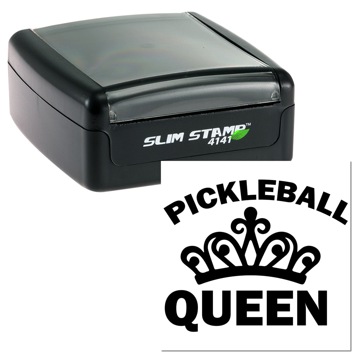 Black slim self-inking stamp case with gray lid and bold black Pickleball Queen crown seal