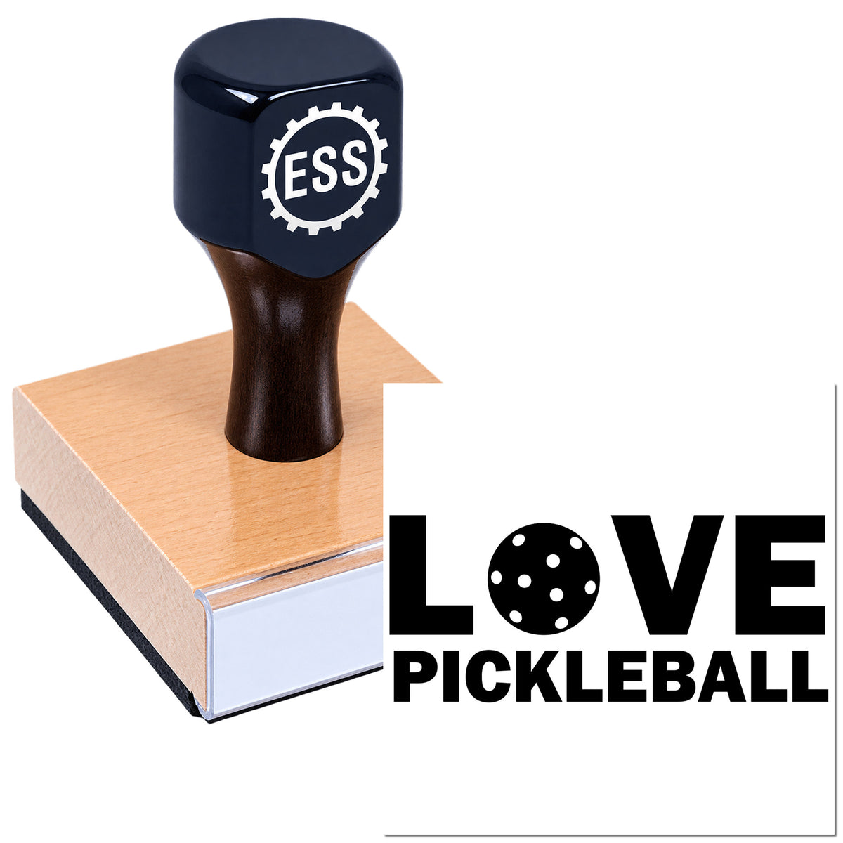 Black custom rubber stamp and seal with ESS gear logo, mounted on a wood block, beside LOVE PICKLEBALL text.