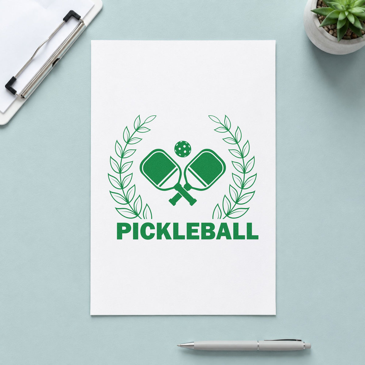 Pickleball Laurel Paddle Badge craft stamp in green ink on cardstock, an easy option for games album page.