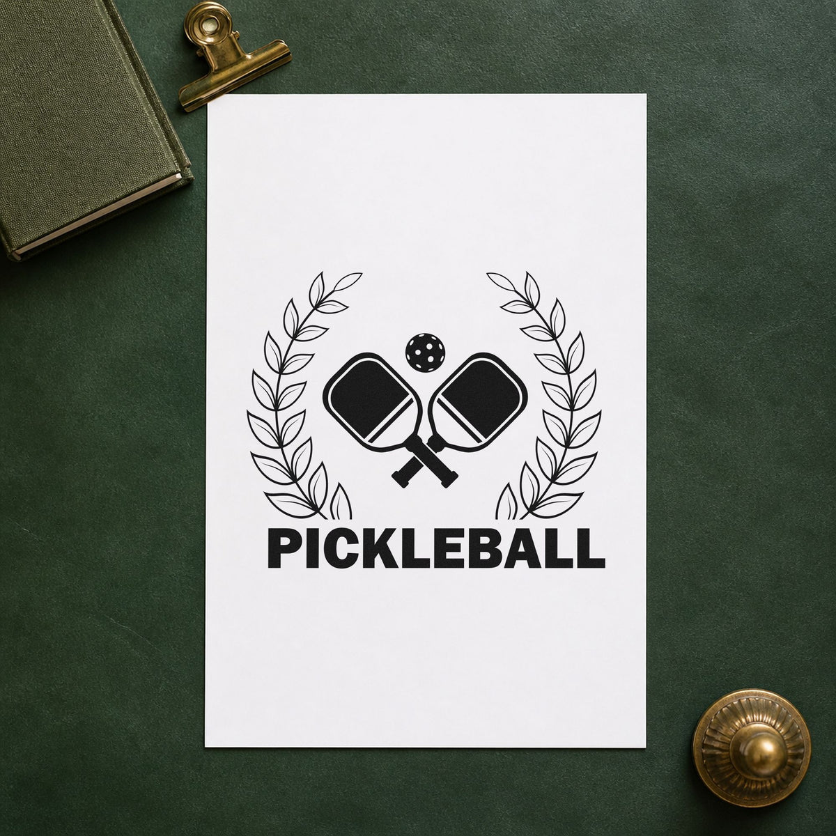 Pickleball Laurel Paddle Badge craft stamp imprint in black ink on a handmade project, one idea being athlete bag gift tags.