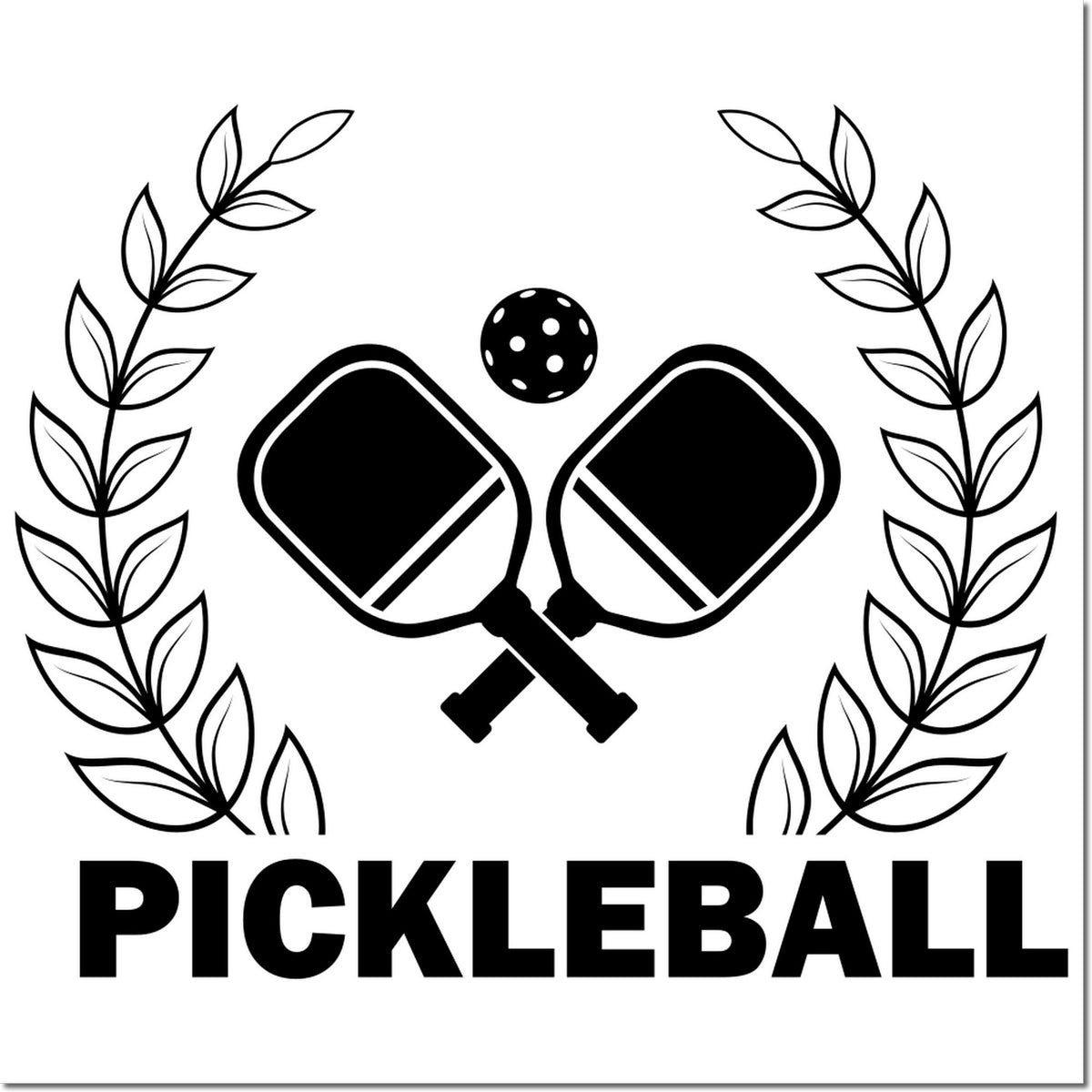 Black and white pickleball stamp seal with crossed paddles, ball, laurel wreath, and bold PICKLEBALL text.