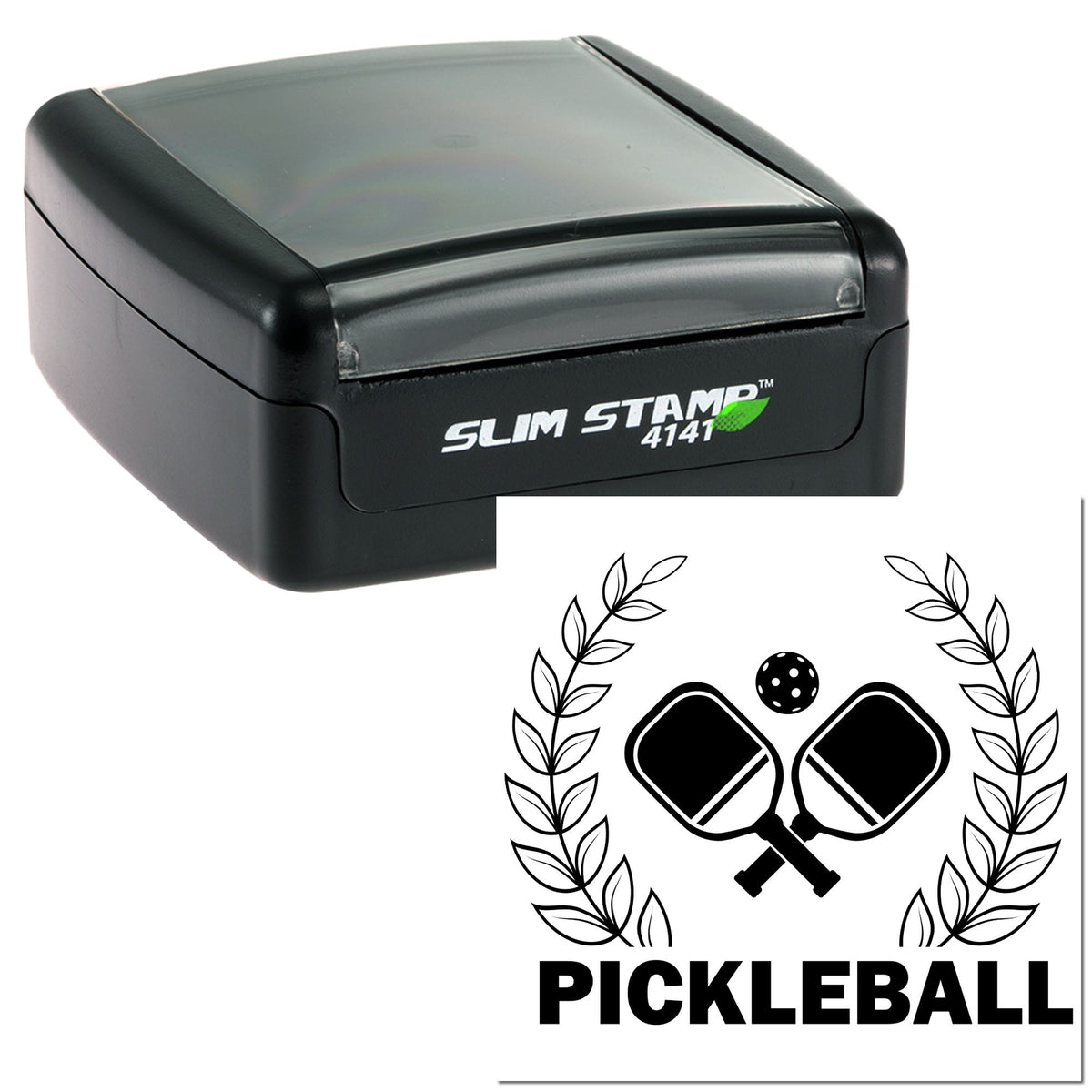 Black Slim Stamp 4141 self-inking stamp and pickleball seal design with laurel wreath and crossed paddles.