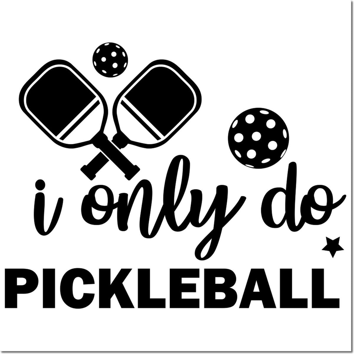 Black pickleball stamp and seal design with crossed paddles, dotted balls, stars, and bold black text on a white background.
