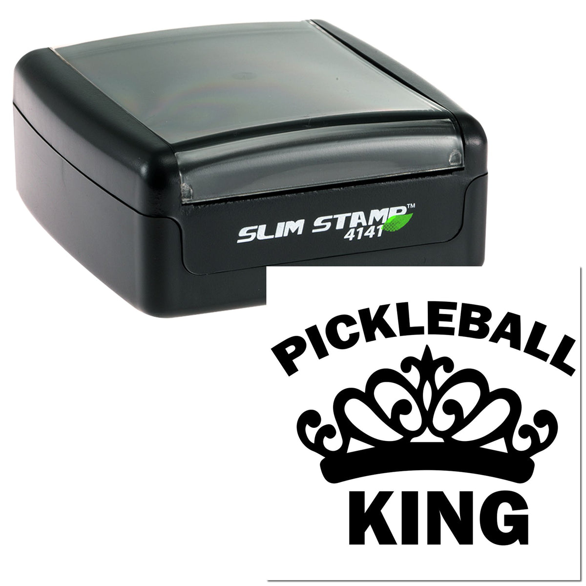 Black slim self-inking stamp with Pickleball King seal and crown logo, black on white background.