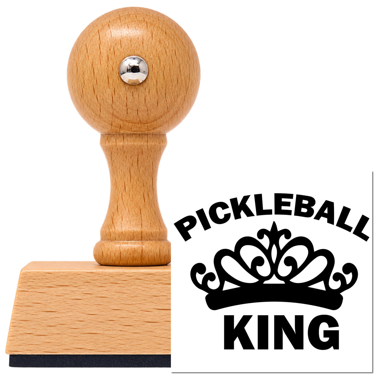 Vintage Pro beech wood stamp with a round knob handle, shown with its black Pickleball King Crown imprint on white.