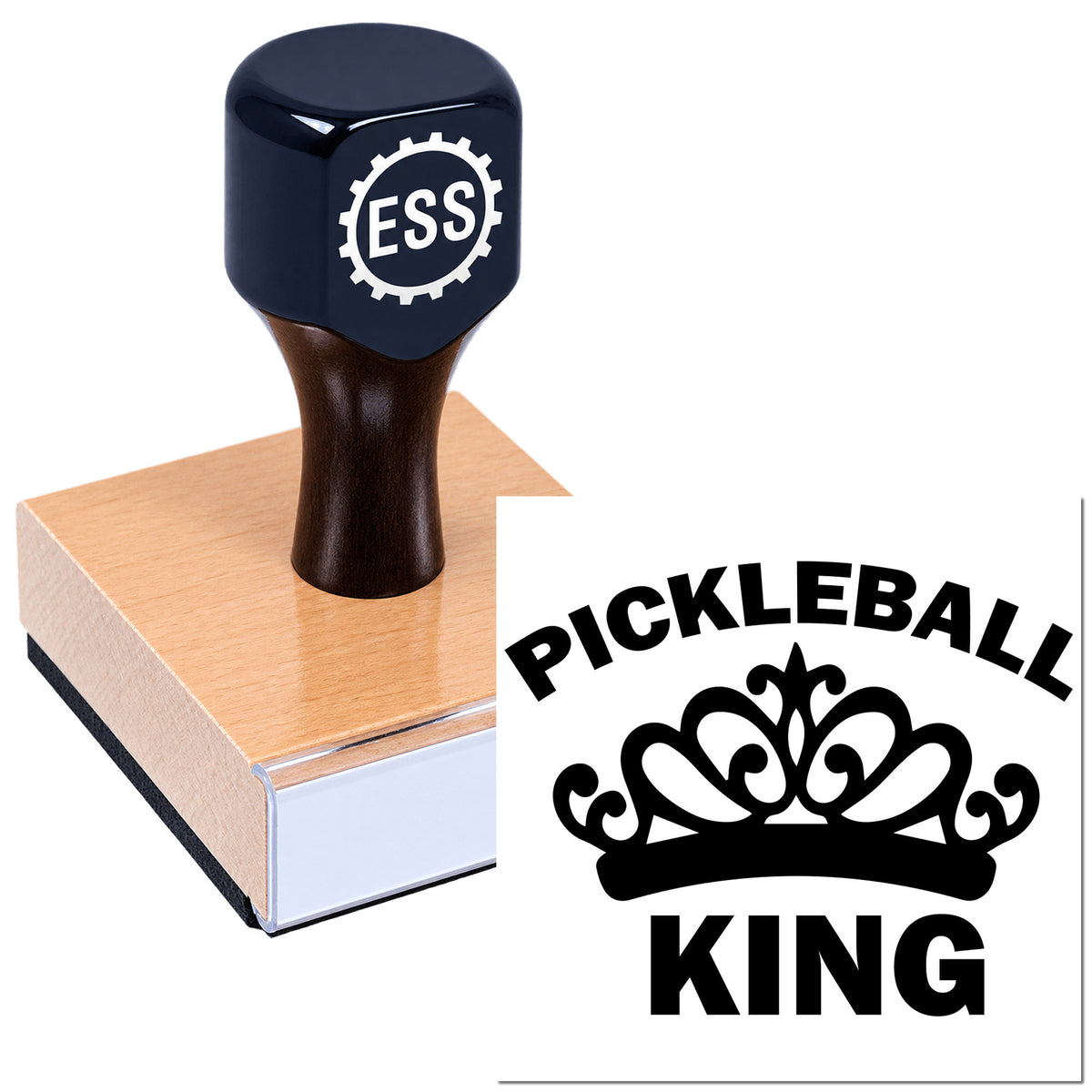Black ESS rubber stamp on a wooden block beside a bold black Pickleball King seal with crown graphic.
