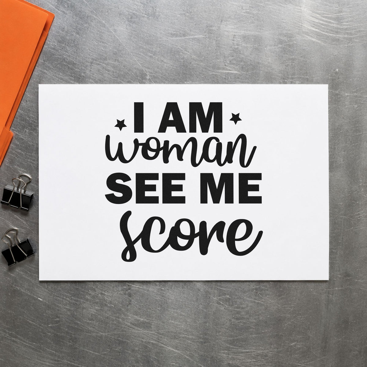 Woman See Me Score rubber stamp printed in black ink, ready for station rota sheet and similar paper crafts.