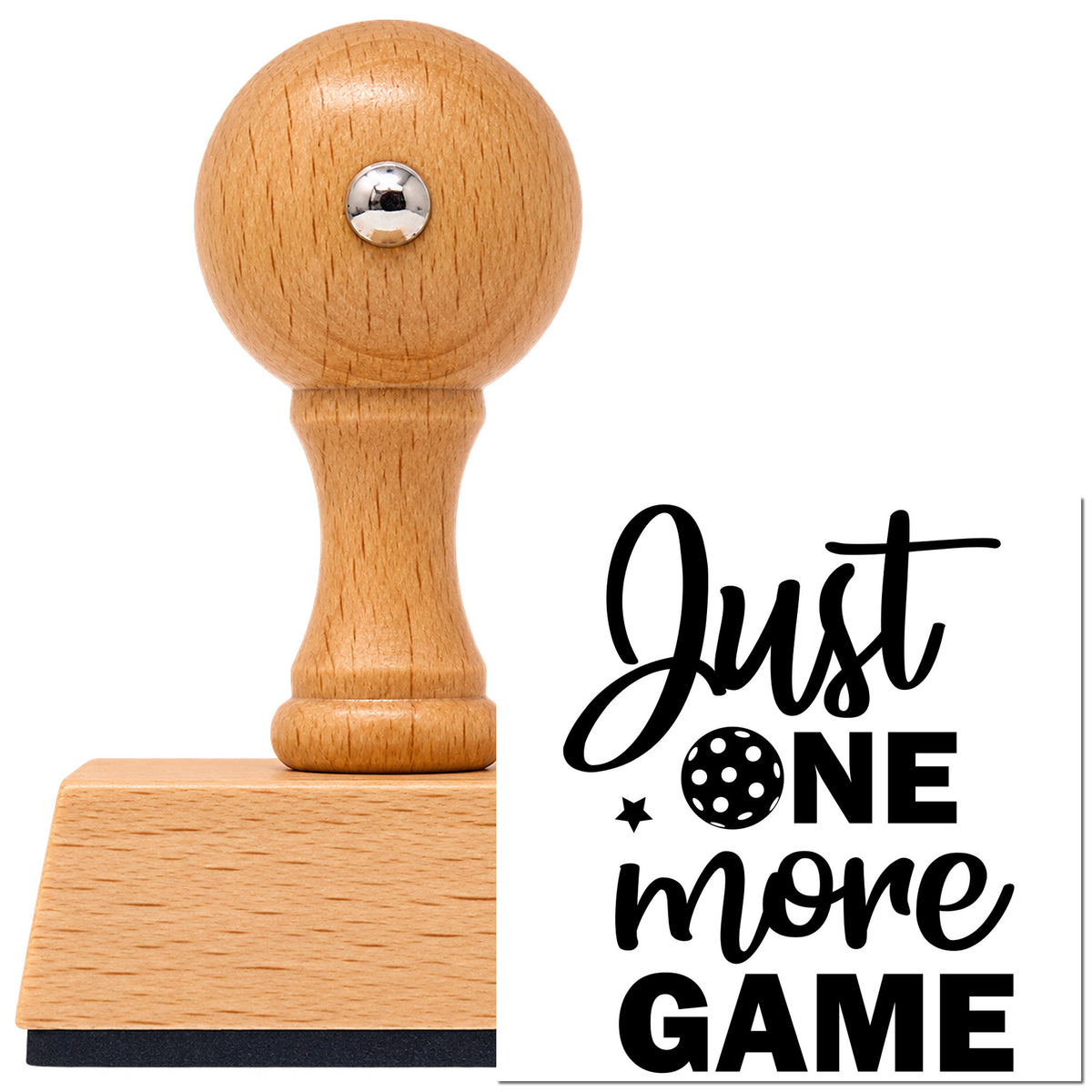 Vintage Pro beech wood stamp with a round knob handle, shown with its black Just One More Game imprint on white.