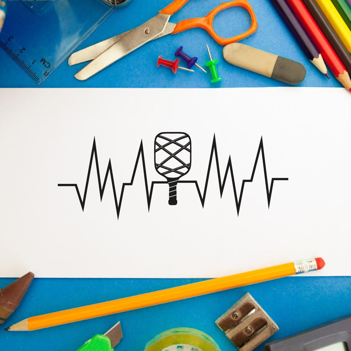 Crosshatched Paddle Heartbeat Line Compact Pre-Inked Stamp – Slim imprint stamped in black ink. A heartbeat zigzag runs through a small crosshatched paddle.