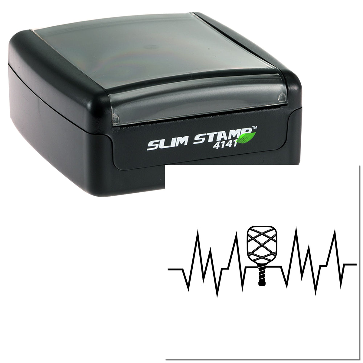Black Slim Stamp 4141 self-inking stamp with translucent gray lid and heartbeat-style seal graphic on white background.