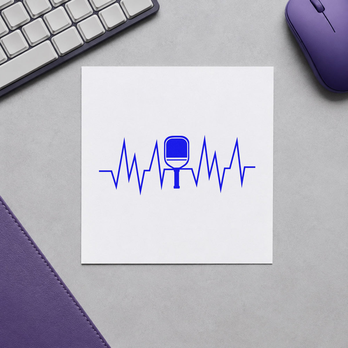 Solid Paddle Heartbeat Line craft stamp in blue ink on cardstock, an easy option for table cloth printing.
