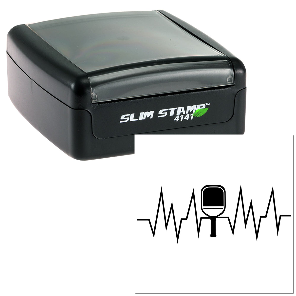 Black slim self-inking stamp and seal with translucent gray cover on a white background.