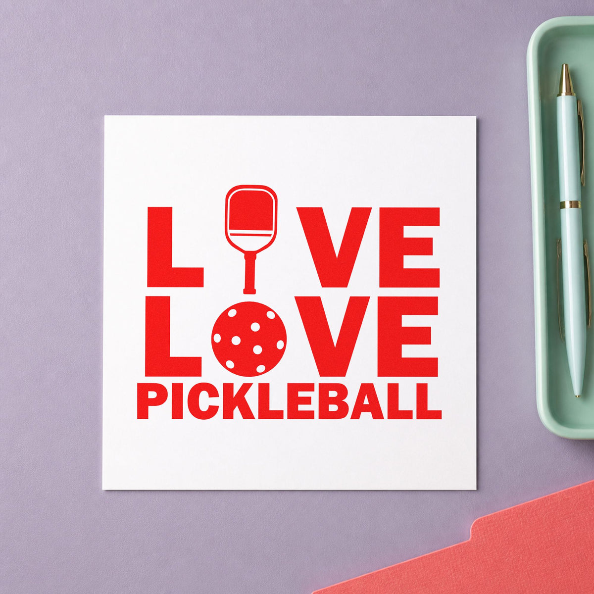 Live Love Pickleball Icons rubber stamp shown in red ink, stamped for projects such as bin loaner labels.