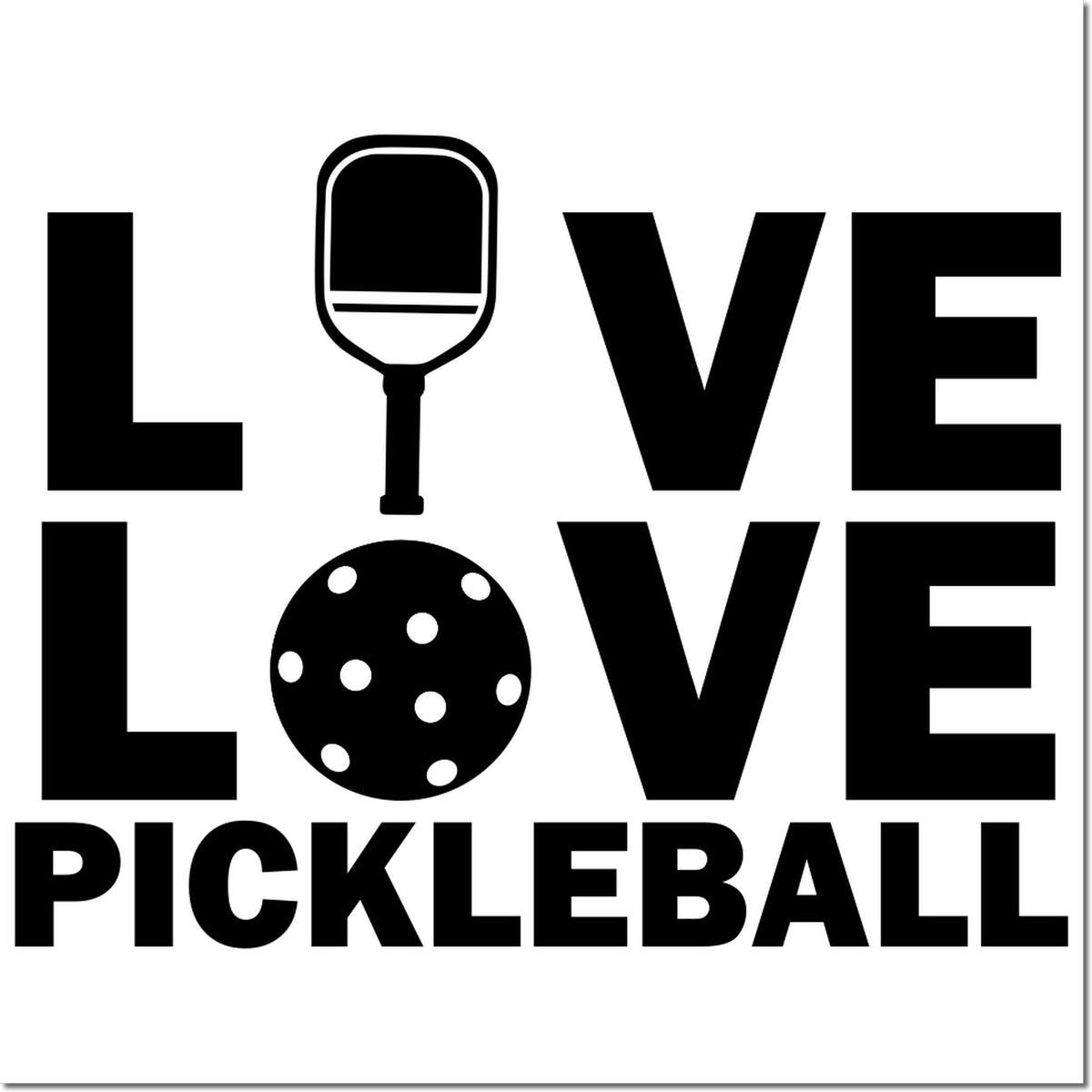 Black I LOVE PICKLEBALL stamp and seal design with paddle and ball icons on a white background.