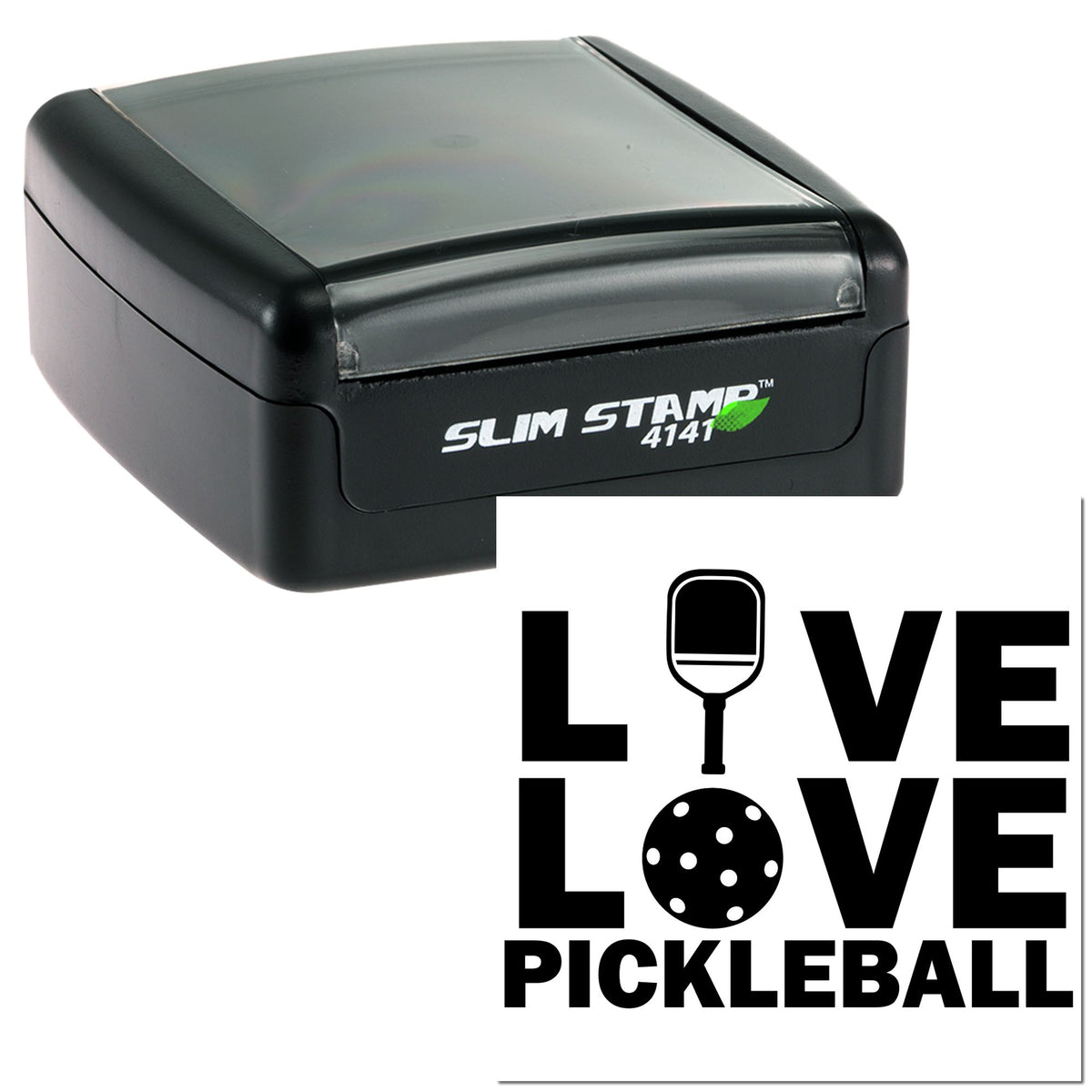 Black self-inking stamp and seal with gray top, shown beside a white LOVE PICKLEBALL graphic in bold black text.