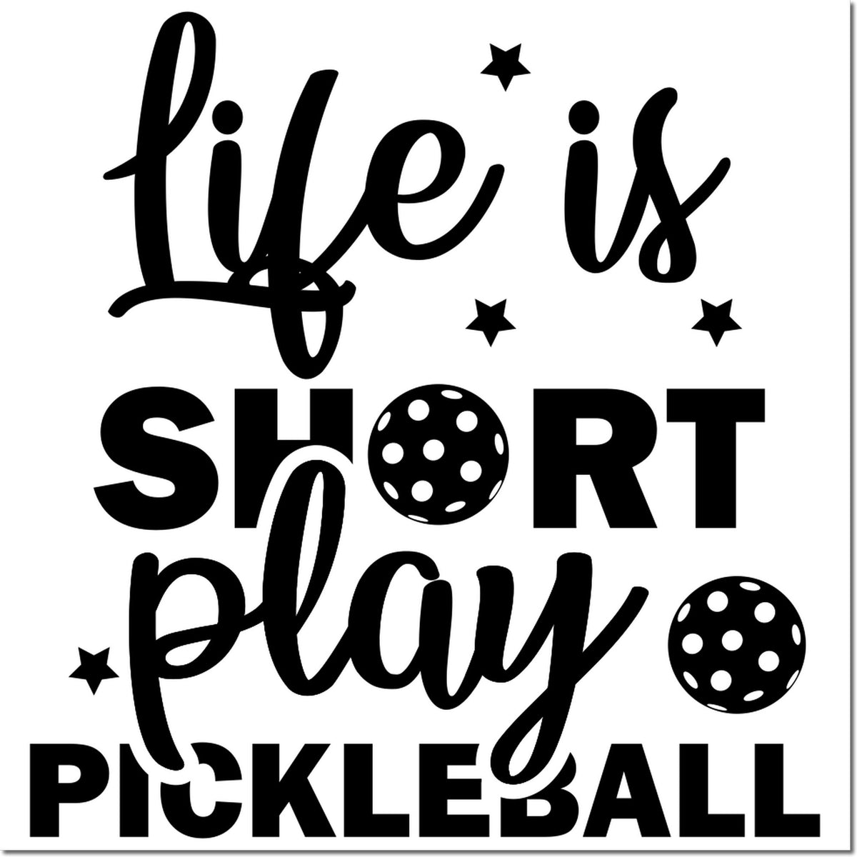 Black Life is short play pickleball stamp/seal design with stars and pickleball graphics on a white background.