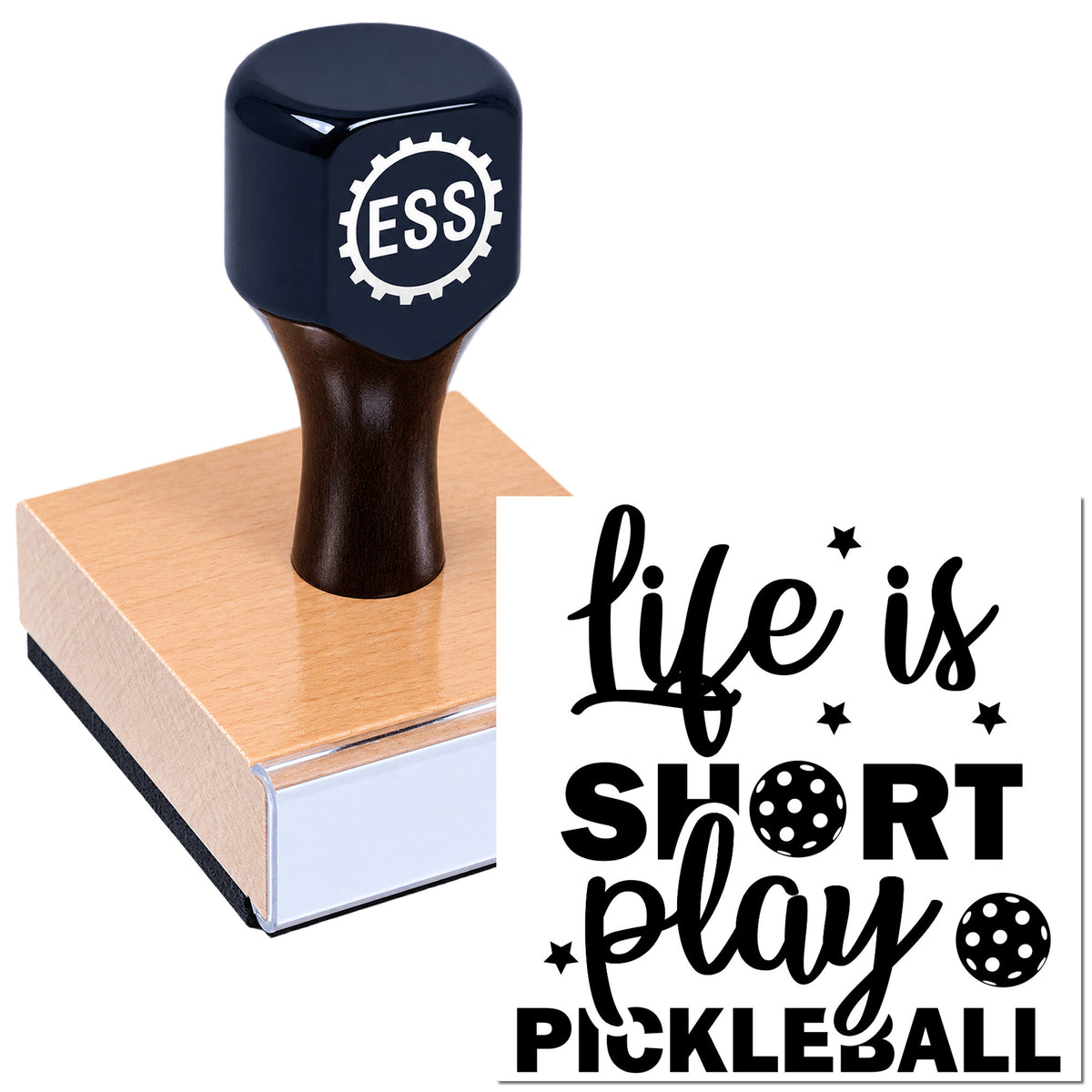 Black ESS rubber stamp on pink pad beside black seal reading "Life is short play pickleball" with stars and pickleball dots.