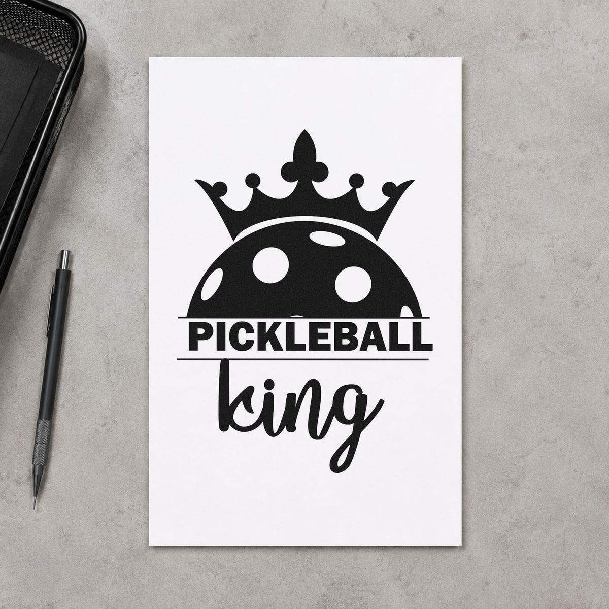 Pickleball King Crowned Ball craft stamp in black ink on cardstock, an easy option for banquet album page.