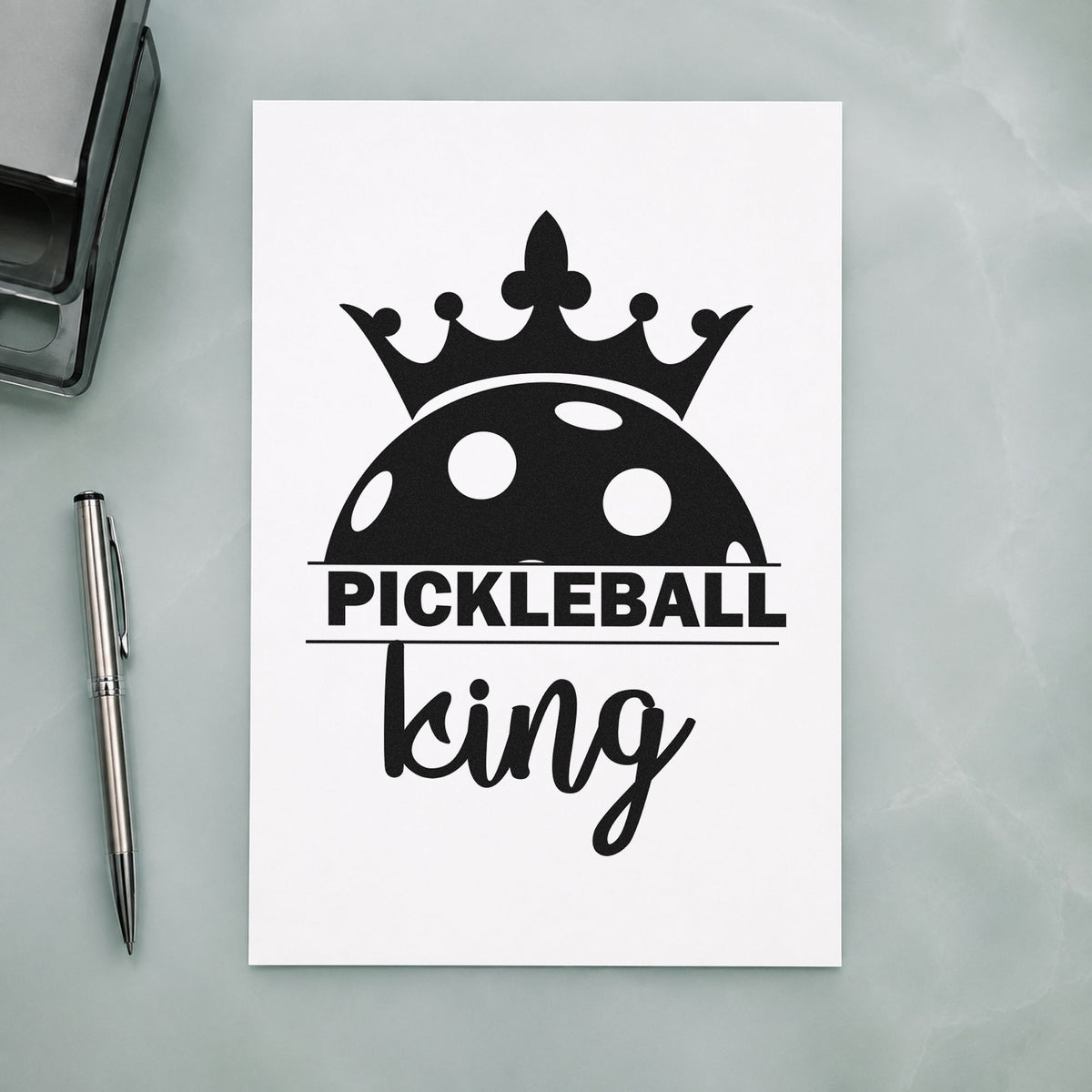Pickleball King Crowned Ball craft stamp imprint in black ink on a handmade project, one idea being award box gift tags.