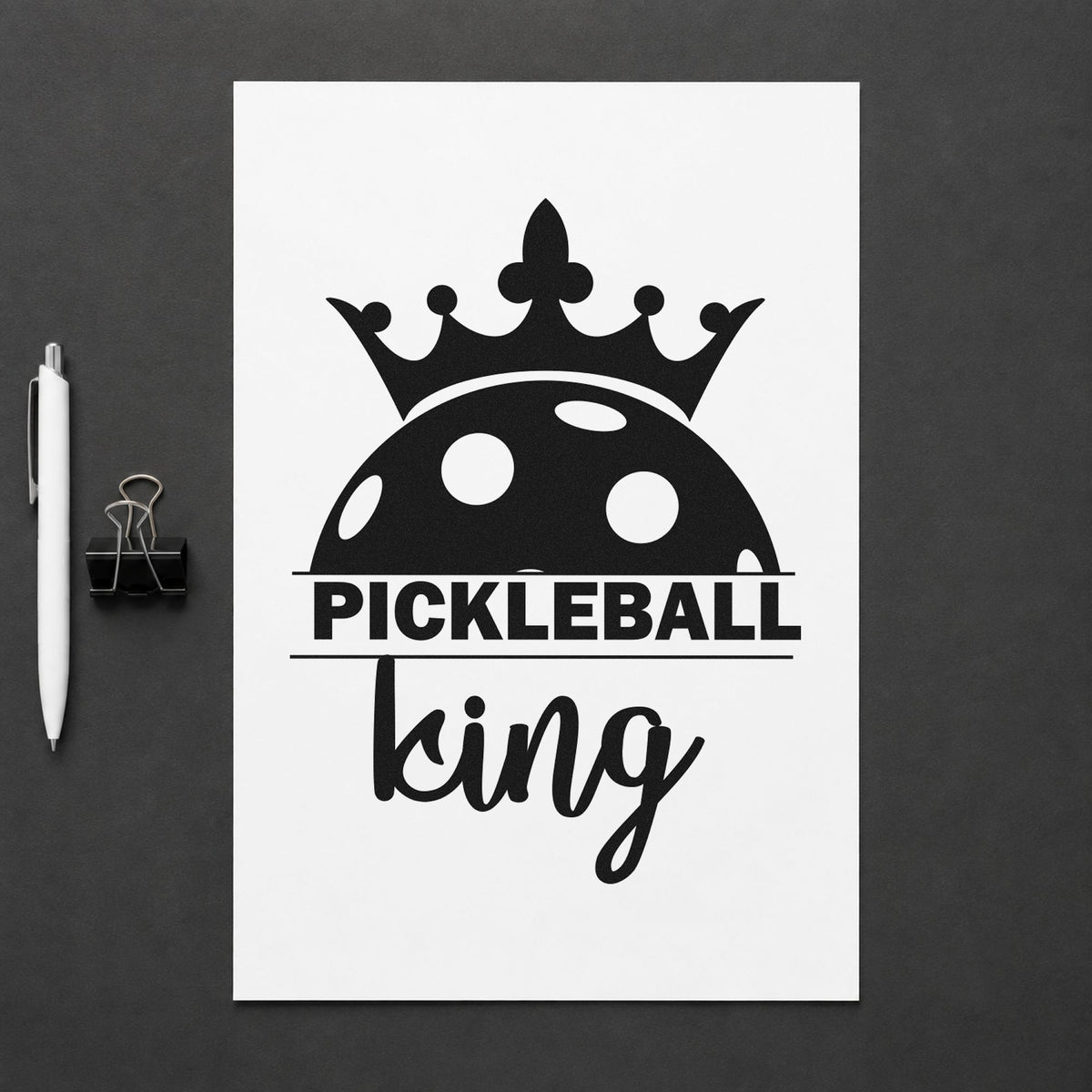 Pickleball King Crowned Ball rubber stamp printed in black ink, ready for evening run sheet and similar paper crafts.