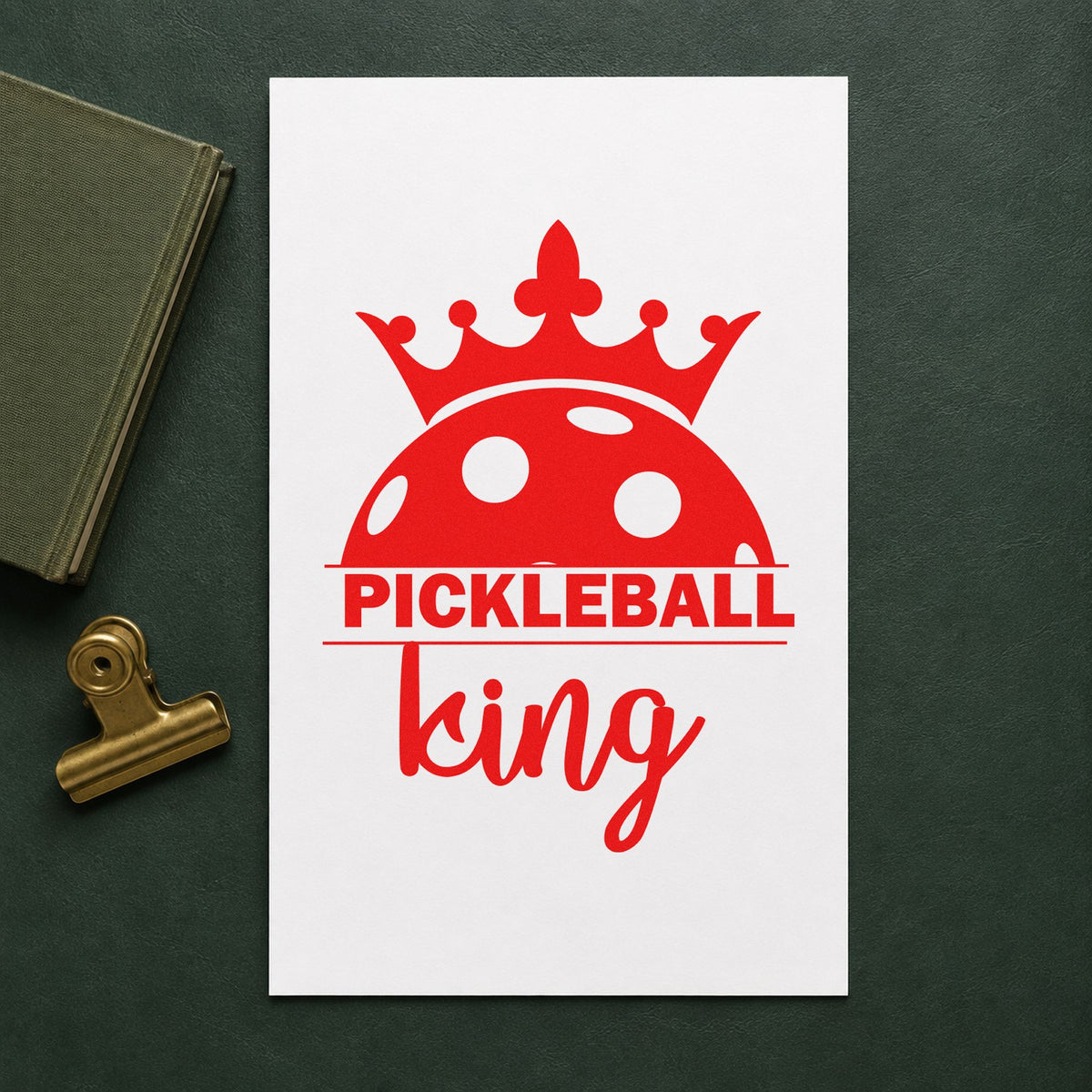 Pickleball King Crowned Ball rubber stamp shown in red ink, stamped for projects such as bin award labels.
