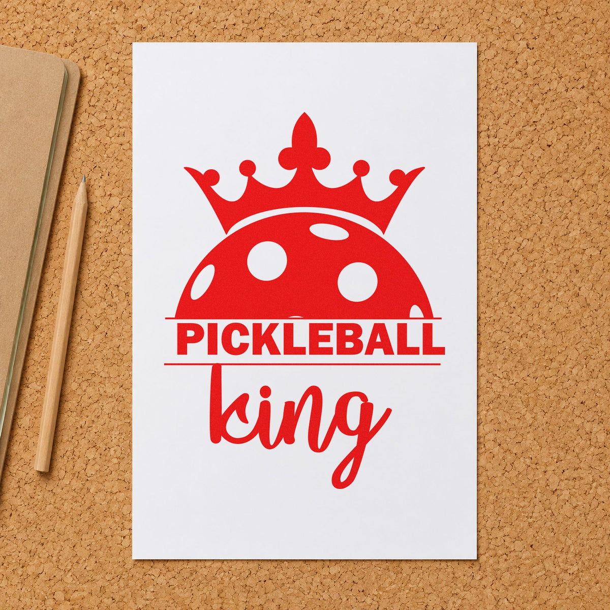 Pickleball King Crowned Ball craft stamp imprint in red ink on a handmade project, one idea being citation read cards.