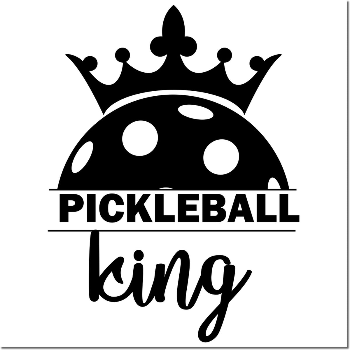 Black pickleball king stamp seal with crown, polka-dot dome, and bold black lettering on white background.