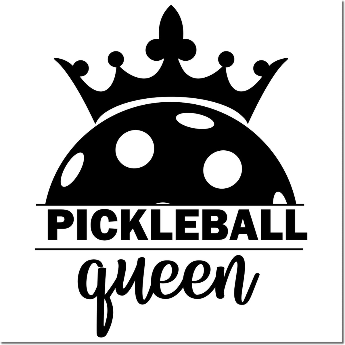 Black pickleball queen stamp and seal design with crown over a polka-dot ball and bold text on white background