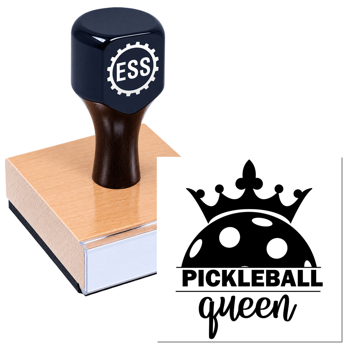 Navy rubber stamp and seal with ESS logo, paired with a black Pickleball Queen crown seal on a light wood block.