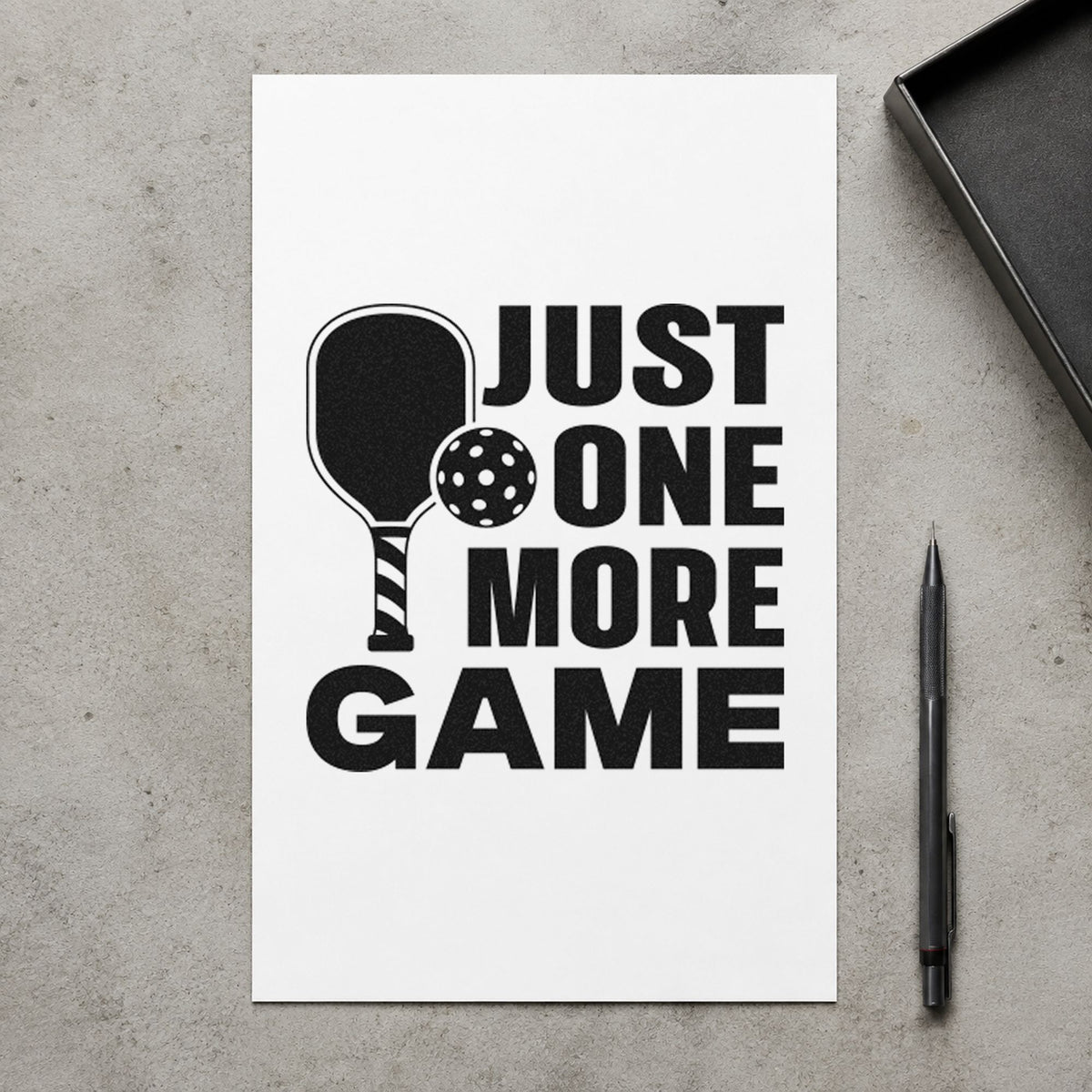 Just One More Game craft stamp in black ink on cardstock, an easy option for lunch play album page.
