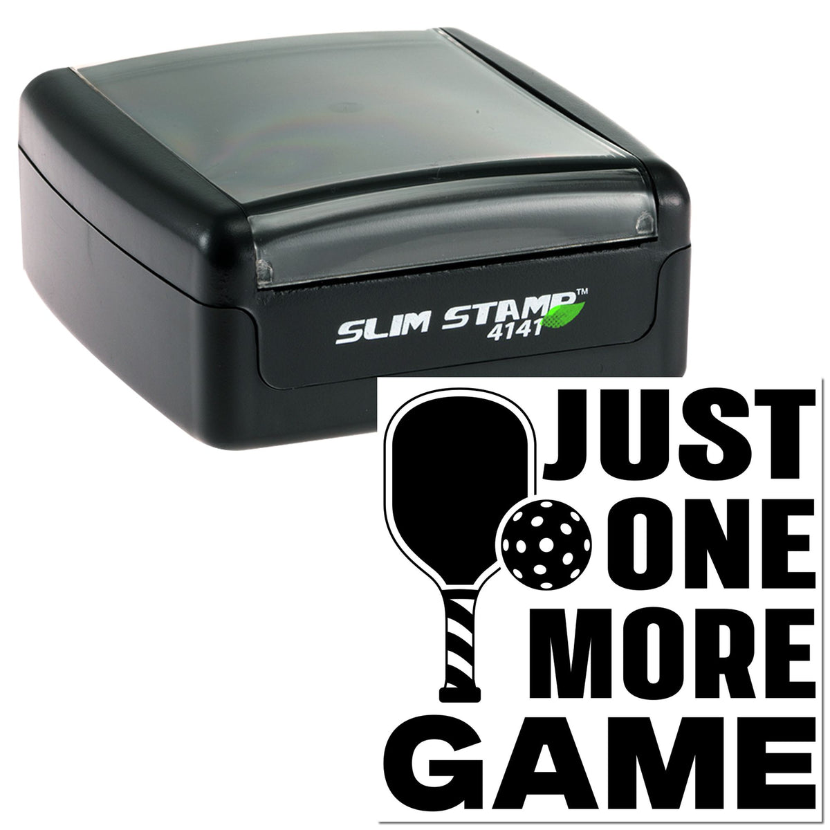 Black Slim Stamp 4141 self-inking stamp with green accent and bold Just One More Game golf seal on white background