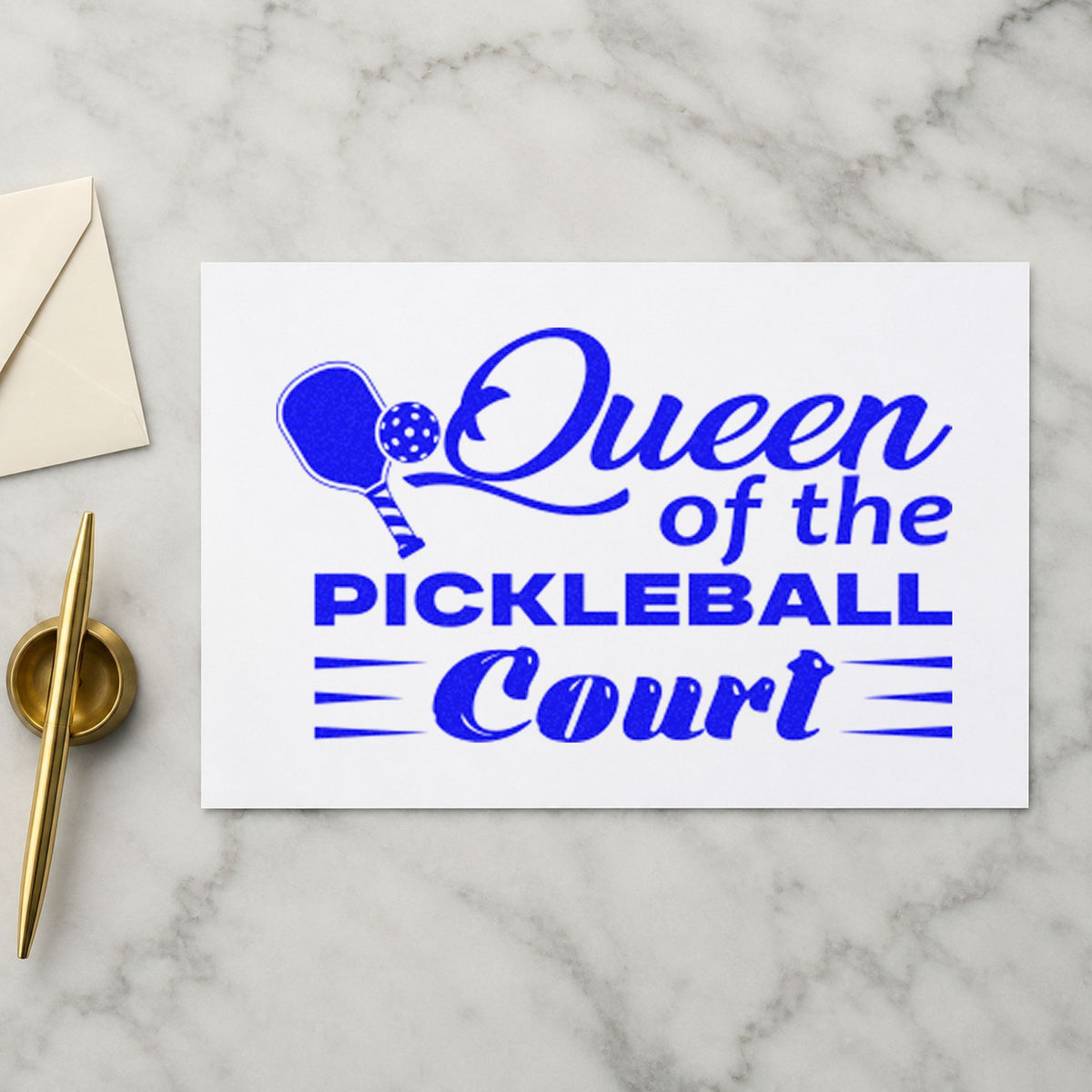 Queen Of Pickleball Court craft stamp in blue ink on cardstock, an easy option for ribbon panel printing.