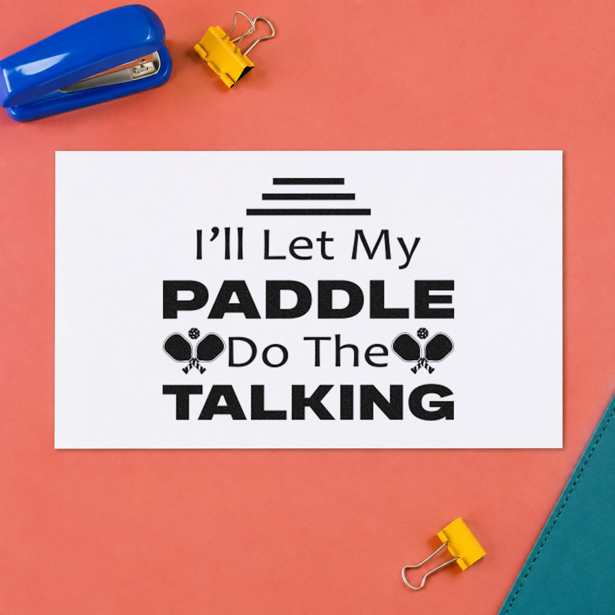 Paddle Do The Talking craft stamp imprint in black ink on a handmade project, one idea being trip bag gift tags.