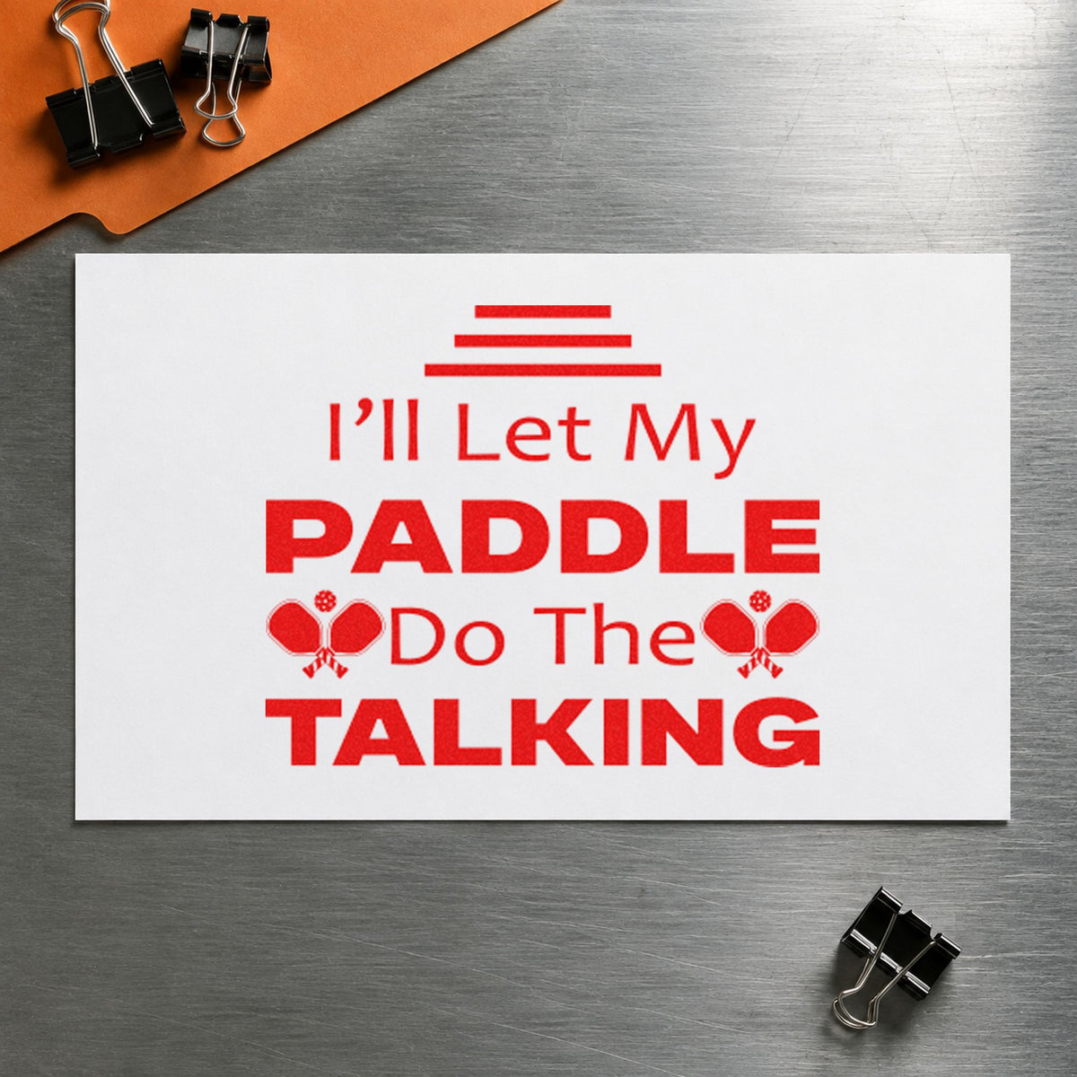 Paddle Do The Talking craft stamp imprint in red ink on a handmade project, one idea being travel info cards.