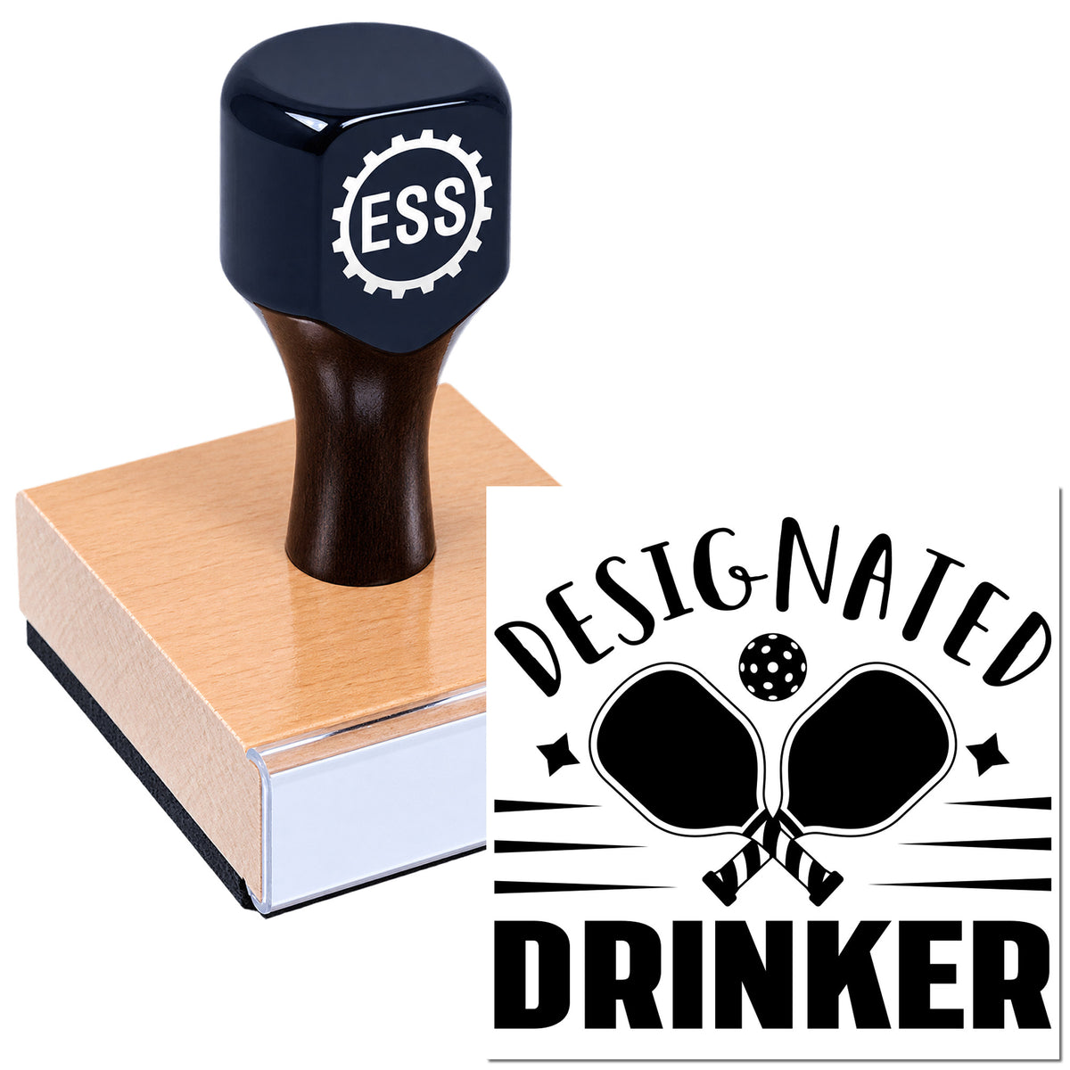 Navy-and-black custom stamp and seal with ESS logo on a wooden block, showing a black "DESIGNATED DRINKER" imprint.