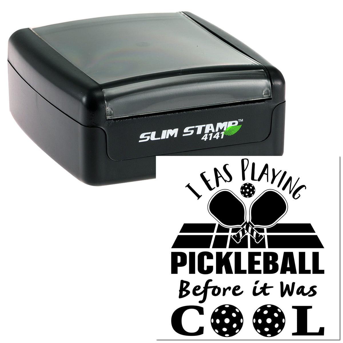 Black Slim Stamp 4141 self-inking stamp and pickleball seal design in black on white with clear cover.