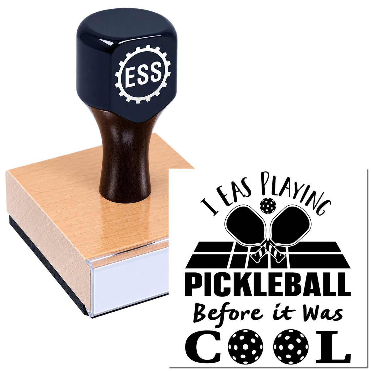 Navy and black custom stamp and seal on a wooden block, showing a pickleball logo and "Before it Was COOL" text.