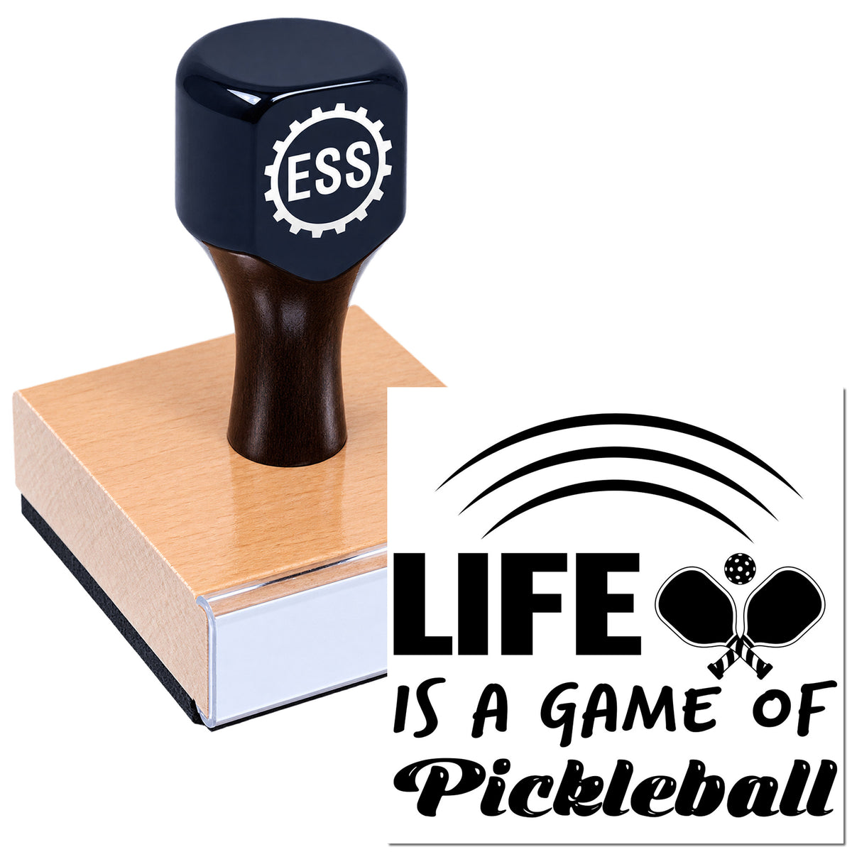 Black ESS stamp seal on a wooden block, beside a bold black Pickleball slogan graphic on white.