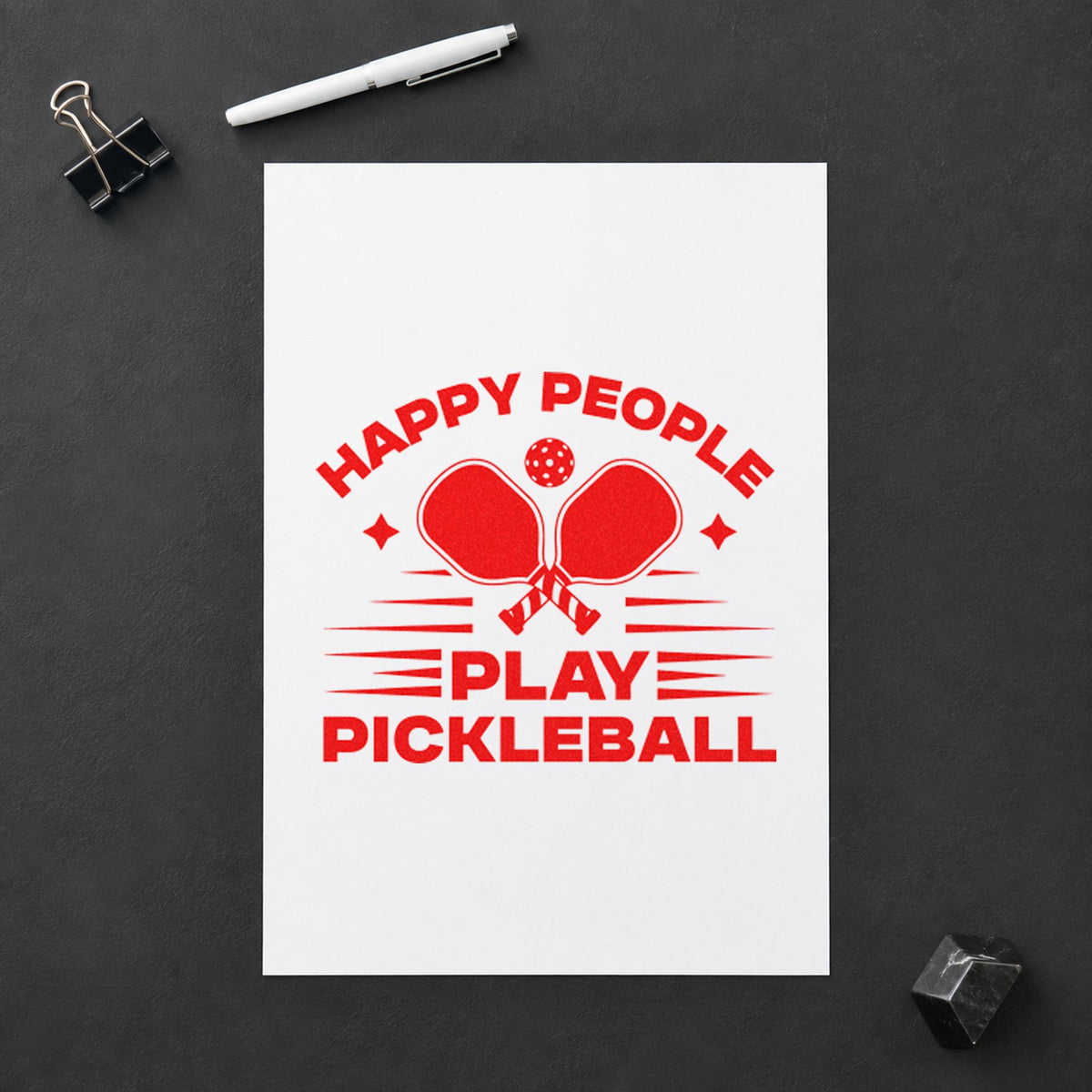 Happy People Play Pickleball craft stamp imprint in red ink on a handmade project, one idea being intro prompt cards.