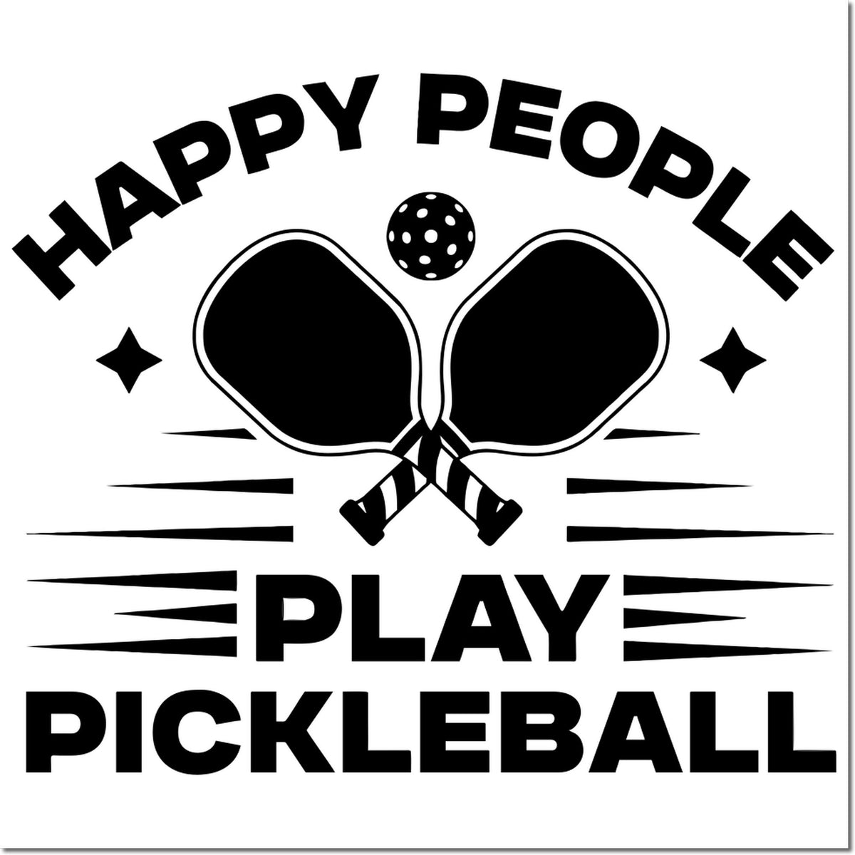 Black Happy People Play Pickleball stamp seal with crossed paddles, dotted ball, and bold black text on white background.