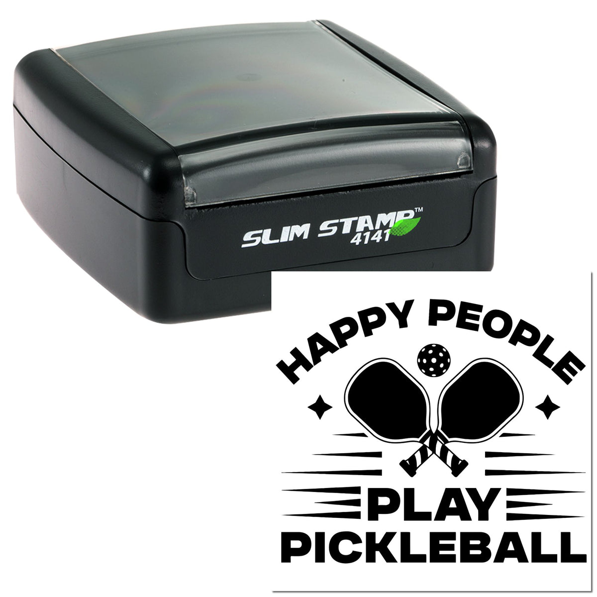 Black Slim Stamp 4141 self-inking stamp and seal with Happy People Play Pickleball graphic.