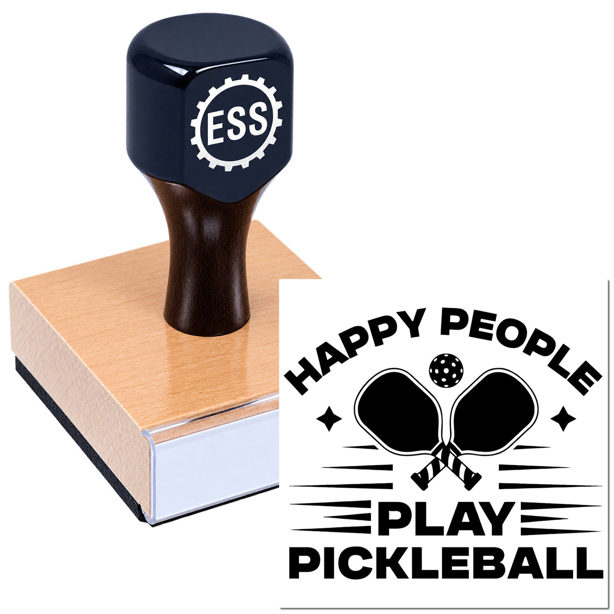 Black ESS rubber stamp and seal on copper block, marking a Happy People Play Pickleball logo in bold black.