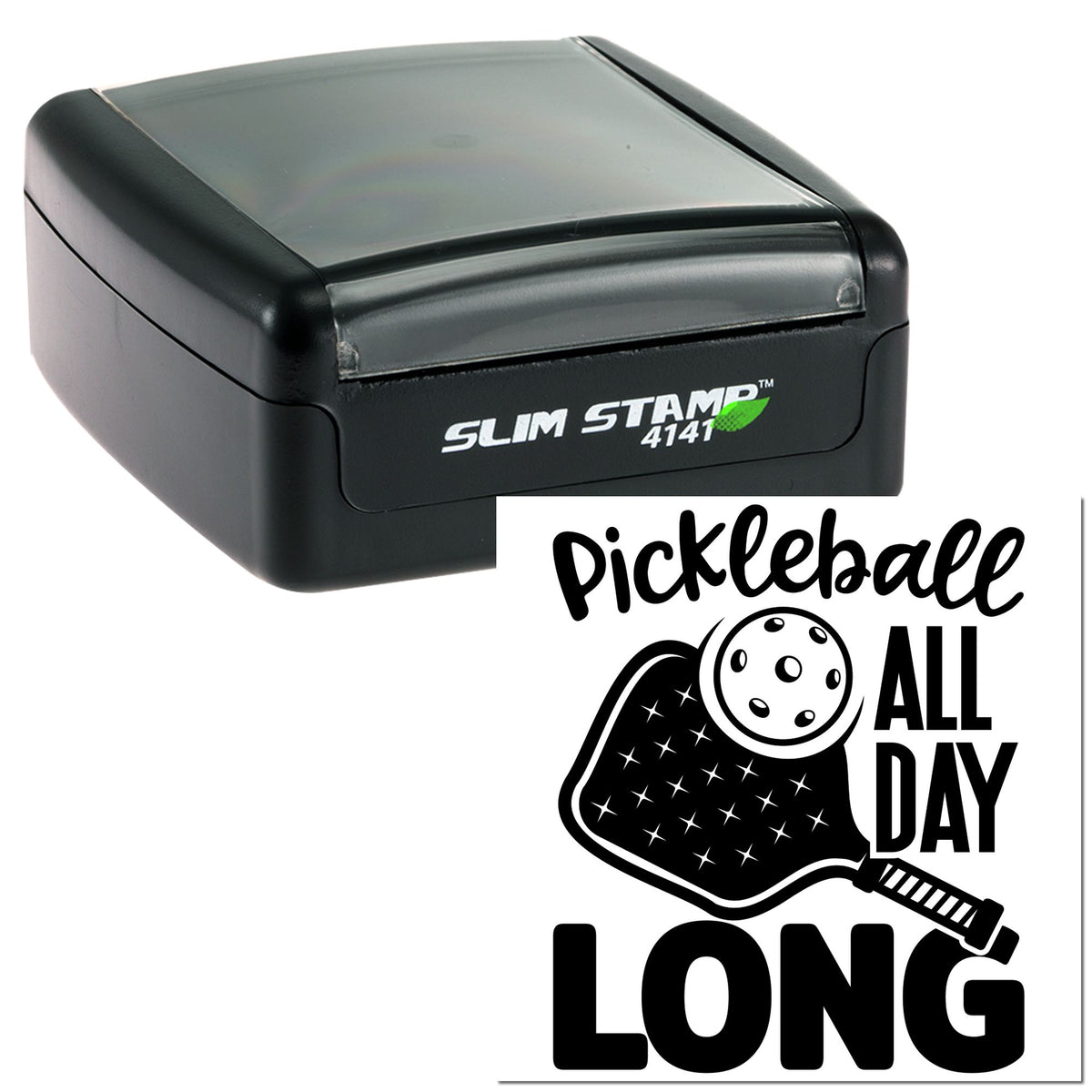 Black self-inking Slim Stamp 4141 and pickleball seal, featuring black-and-white Pickleball All Day design.