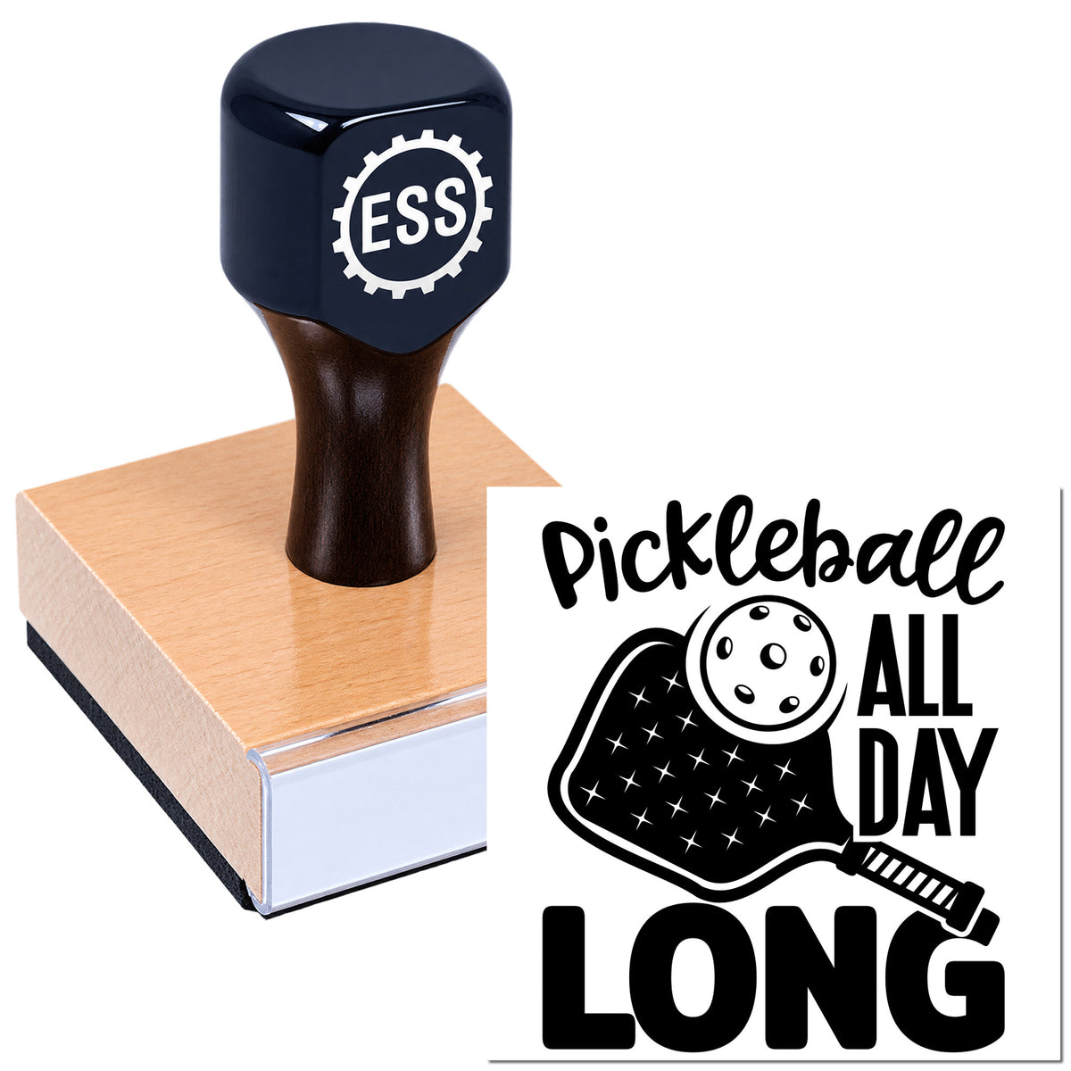 Black ESS pickleball stamp pressing into a pink seal pad, with "Pickleball All Day Long" logo in black and white.