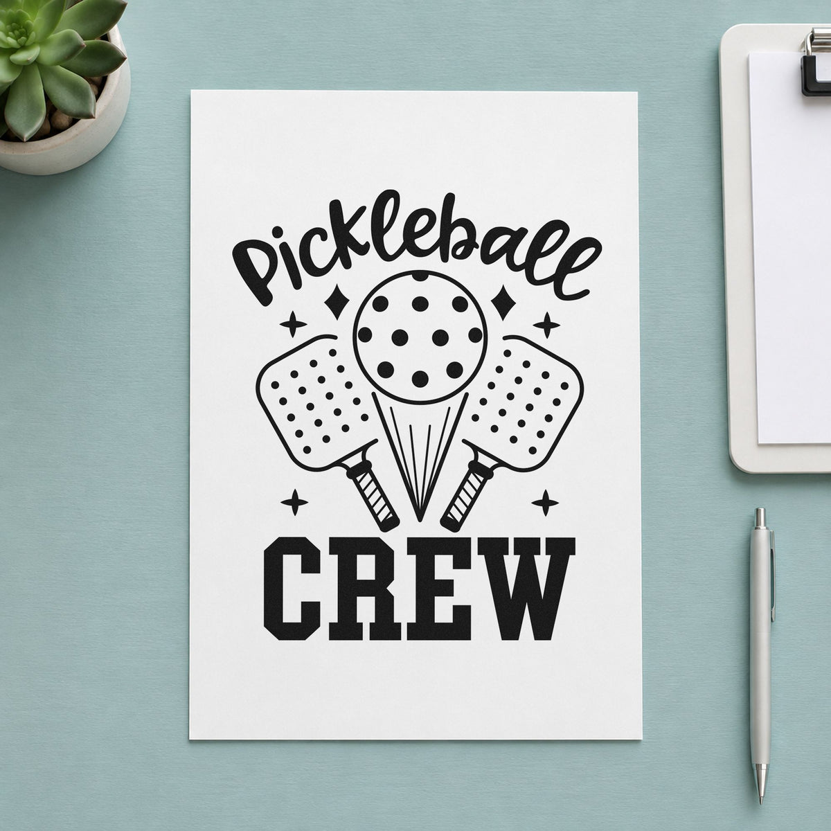 Pickleball Crew Paddles Ball craft stamp in black ink on cardstock, an easy option for crew year album page.