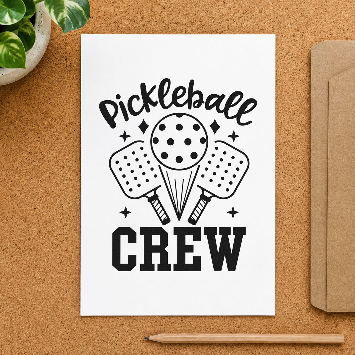 Pickleball Crew Paddles Ball rubber stamp printed in black ink, ready for order count sheet and similar paper crafts.