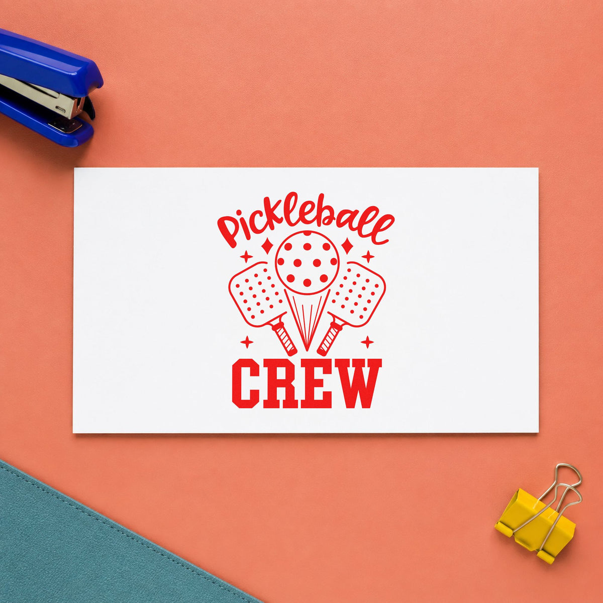 Pickleball Crew Paddles Ball rubber stamp shown in red ink, stamped for projects such as bin gear labels.