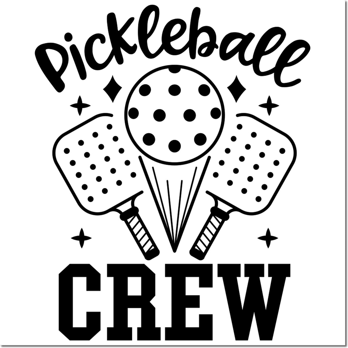 Black pickleball crew stamp logo with two paddles, dotted ball, and sparkles on a white background.